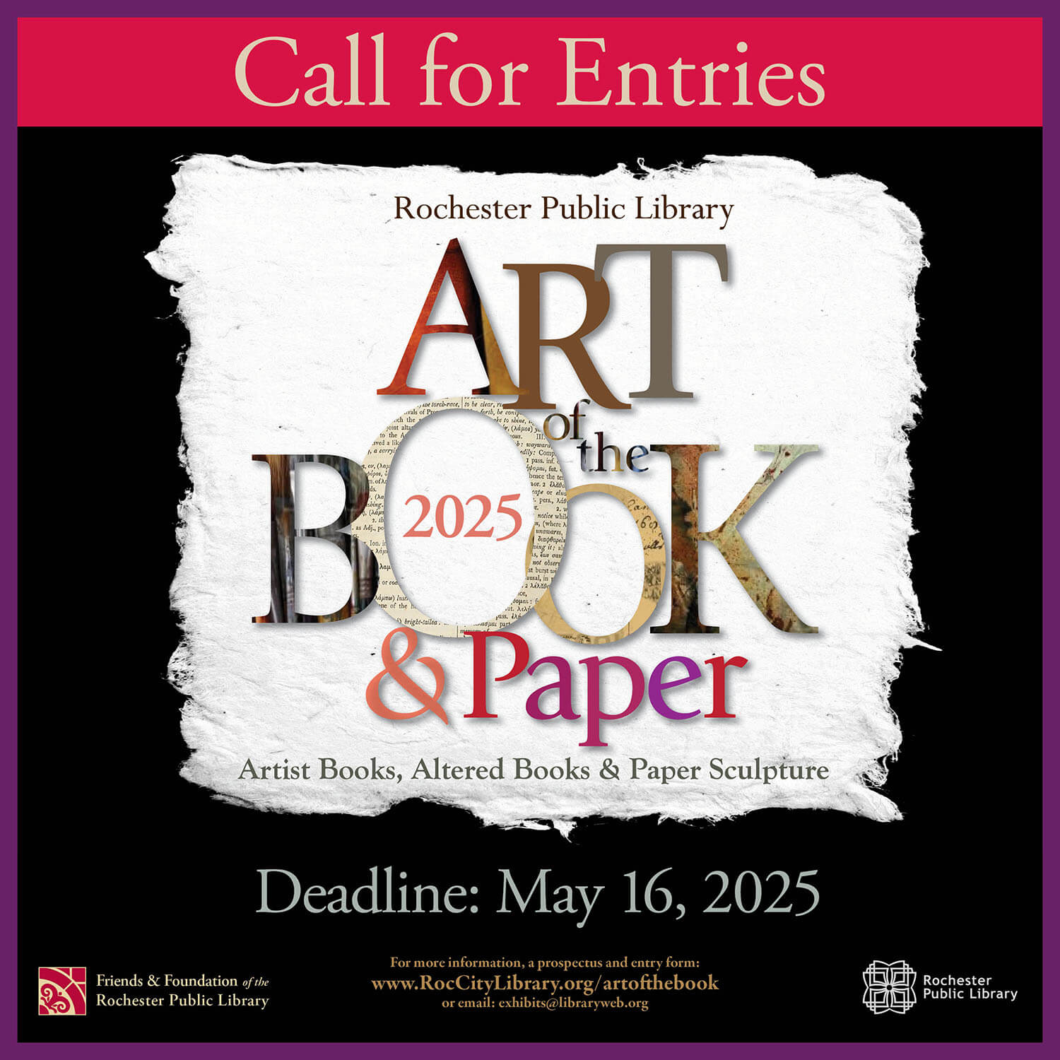 Image promoting the 2025 Art of the Book exhibit. listing the deadline to submit works, May 16, 2025