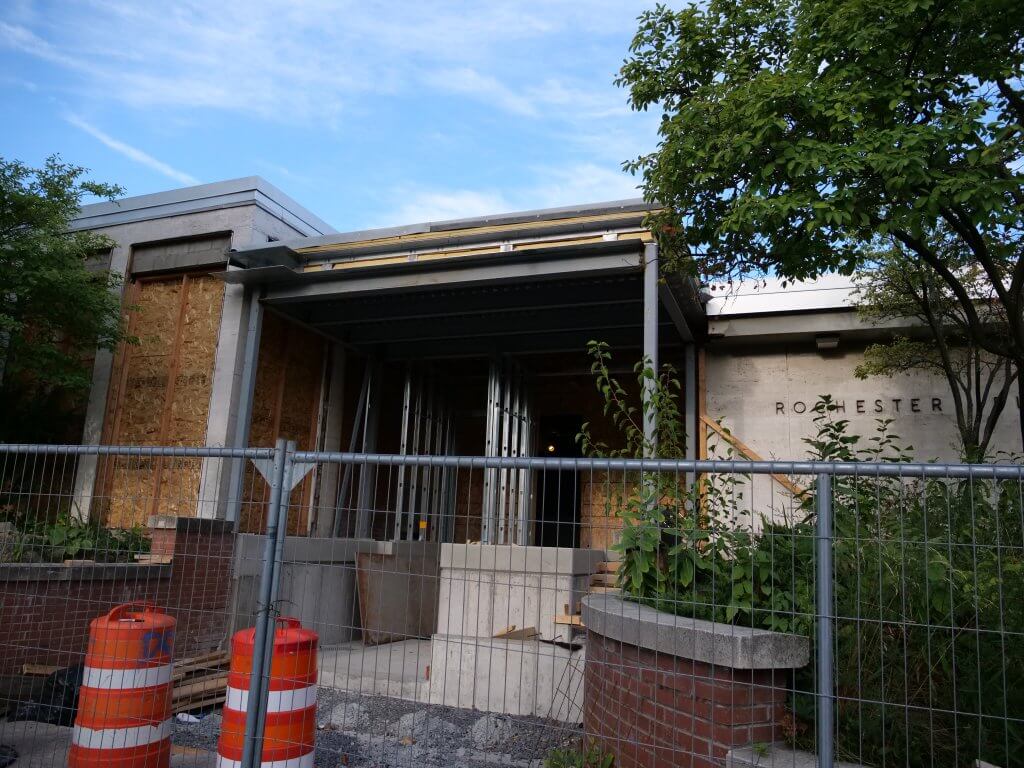 Unfinished construction photo of framing for new Dewey entrance