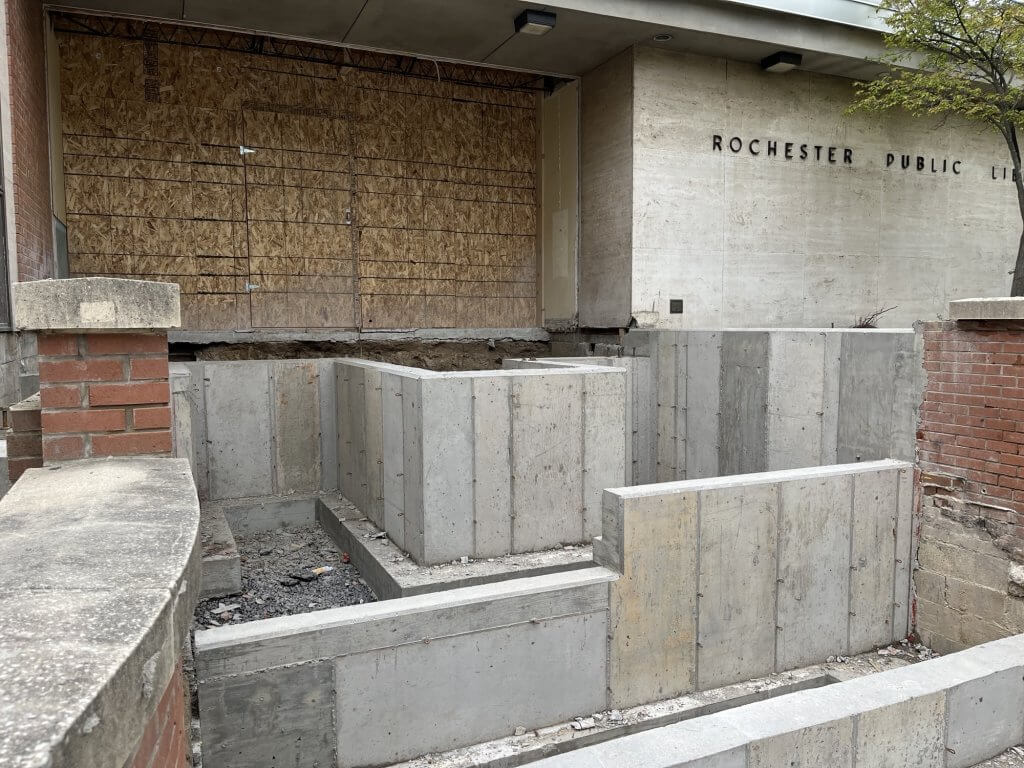 Construction photo of new entrance with concrete forms