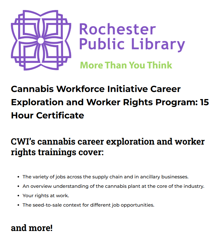 Cannabis Workforce Initiative Career Exploration and Worker Rights Program: 15 Hour Certificate